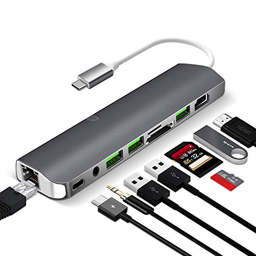 USB C Hub, USB C Adapter, 9 in 1 Type C hub 1000M RJ45 Ethernet, 4K HDMI, 2 USB 3.0 Ports,1 USB 2.0 Port,PD Charging Port, Card Reader, Audio Mic Port for MacBook, Chromebook More
