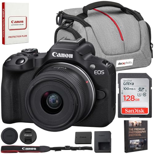 Image of Canon EOS R50 Mirrorless Camera with RF-S 18-45mm F4.5-6.3 is STM Lens (5811C012) Bundle with Sandisk 128GB Memory Card + Deco Essentials Camera Bag + Photography Pro Ebook