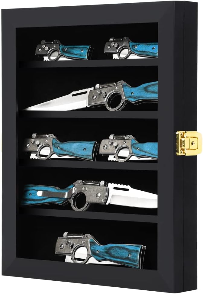 Grintus Pocket Knife Display Case 7-Tier Knife Collection Display Box for Wall Folding Knife Cabinet with Uv Protection Acrylic Lockable Large Mahogany