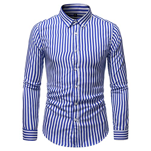 Men Striped Long Sleeve Button Down Shirts Lightweight Turn-Down Collar Slim Shirts Stylish Business Dress Shirts (Blue,Large)