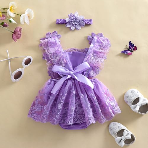 Newborn Baby Girl Romper Dress Lace Floral Sleeveless Tulle Dress with Headband Infant Summer Mesh Jumpsuits3