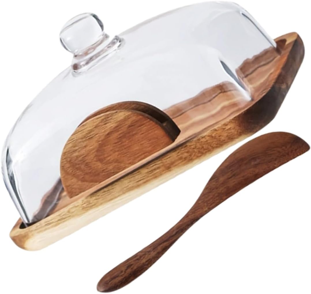 Luxshiny Wood Butter Container with Glass Lid Airtight Cheese Keeper for Refrigerator Rustic Bread Storage Box for Kitchen Counter for Baking and Snacks