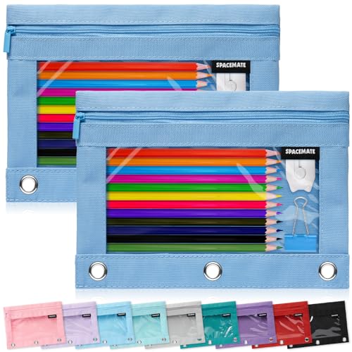 Image of SPACEMATE 2 Pack Pencil Pouch for 3 Ring Binder, Clear 3-Hole Zipper Case | Metal Grommets, School Supplies Organizer for Girls, Boys & Kids, Preppy Aesthetic Style, 1 Pack, Cornflower Blue