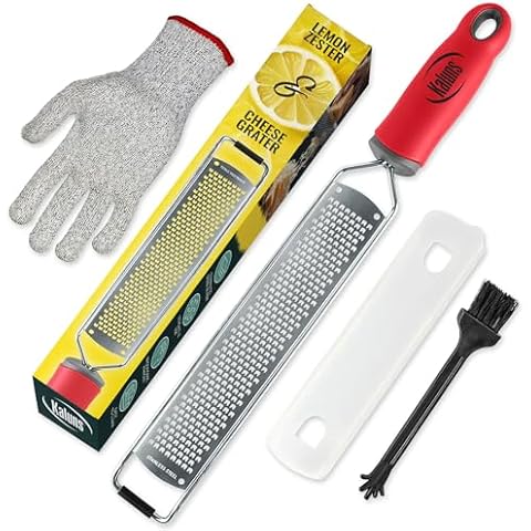 Lemon Zester & Parmesan Cheese Grater - Premium Citrus Zester Graters For kitchen W Stainless Steel Blade - For Chocolate, Garlic, Ginger, Nutmeg, Fruits, Vegetables - Bonus Cleaning Brush & Glove Cover