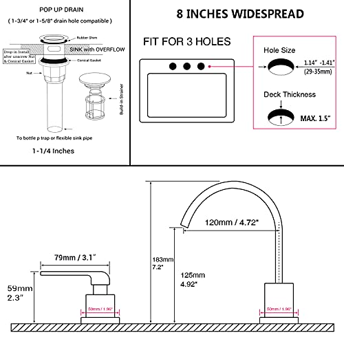 Trustmi 2 Handle 8 Inch Widespread Bathroom Faucet Brass Square Shaped Waterfall Vanity Sink Faucet With Swivel Spout, Cupc Water Supply Lines And Overflow Pop Up Drain Included, Matte Black #TOP6