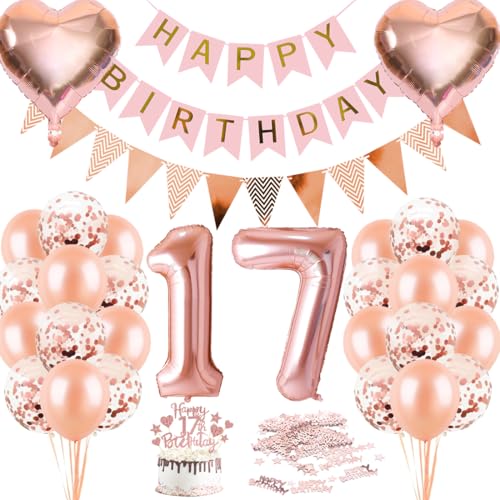 Palloncini 17 Anni Compleanno Oro Rosa, Addobbi 17 Anni Compleanno, Palloncino 17 ° Compleanno, Torta Topper, Happy Birthday Banner, Pallone Foil Numero 17, Oro Rosa Palloncini per Decorazioni Festa