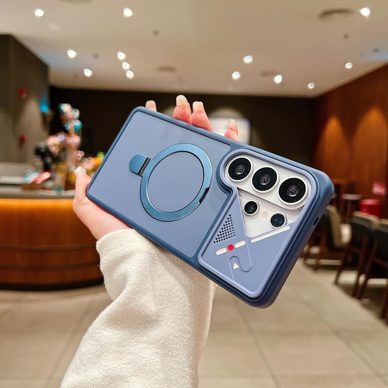 Image of LuxuryKase Magnetic Shockproof Case for Samsung Galaxy S26 Ultra | Foldable 110 Metal Ring Kickstand | Matte Finish | Futuristic Camera Shield Design | Slim Profile & MagSafe Compatible - Blue