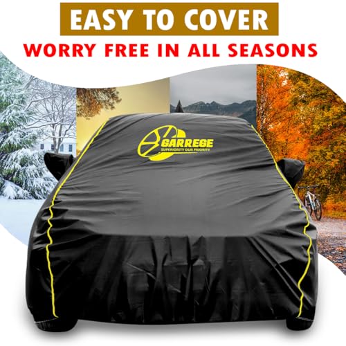 Image of Waterproof Car Body Cover Compatible with Toyota Glanza Car with Mirror & Anteena Packets Dust Proof & Belt with Elastic Black Colour & Yellow Piping Style