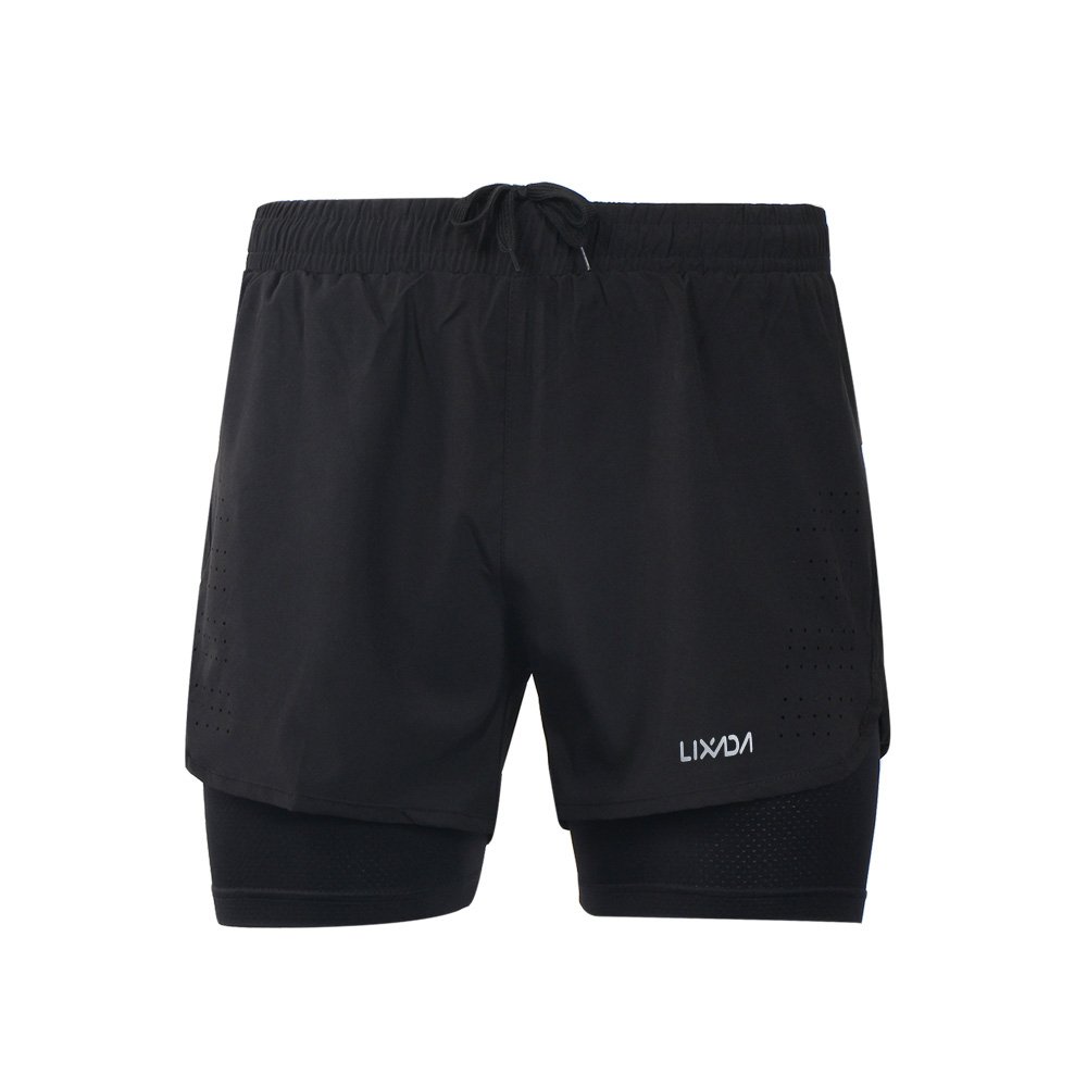 Lixada Men's 2-in-1 Running Shorts Quick Drying Breathable Active Training Jogging Cycling Longer Liner Reflective Elements