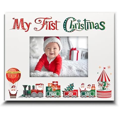 BELLA BUSTA-My First Christmas Picture Frame-Babys 1st Christmas-The Santa Train -Merry Christmas-Peace-Joy-Love-UV Print Picture Frame (4x6 Horizontal) Cover