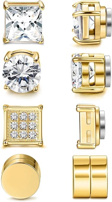 El Regalo 4 Pairs Stainless Steel Magnetic Unisex Stud Earrings for Men Women- CZ Non-Piercing Clip On Stud Earrings Set