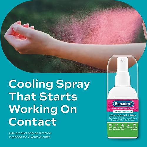 benadryl extra strength itch cooling spray topical analgesic spray with diphenhydramine hci amp zinc acetate skin protectant for fast relief from insect bites travel size 2 fl oz