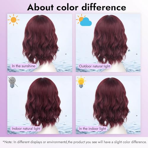Image of Eawwii Wigs for Women Wine Red,Short Wavy Synthetic Lace Wig | Glueless 4x1 Lace Hairline, Heat-Resistant Fiber,Bob Wave Style,Natural Appearance for Everyday Cosplay 14 Inch
