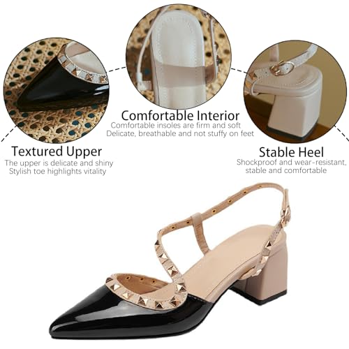 Women's Studded Leather Slingback Chunky Heels Pumps with Adjust Ankle Strap Sexy Closed Pointed Toe Mid Heel Mule Sandals Wedding Party Dress Shoes3