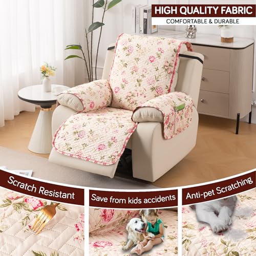 Image of HOKIPO Quilted Recliner Mat 1 Seater, with Side Pockets, Beige Peonies