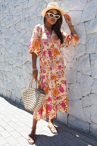 Image of miduo Womens Loose Fit Casual Summer V Neck Half Sleeve Bohemian Geometric Pattern Maxi Long Dresses
