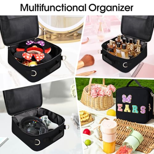 Chenille Letter Bow Mouse Ears Travel Case, Park Ears Headband Holder Hair Accessories Organizer Bag for Girls Women Kids Adults, Large Makeup Bag Snack Bags with Zipper for Travel Picnic - Black - Image 6