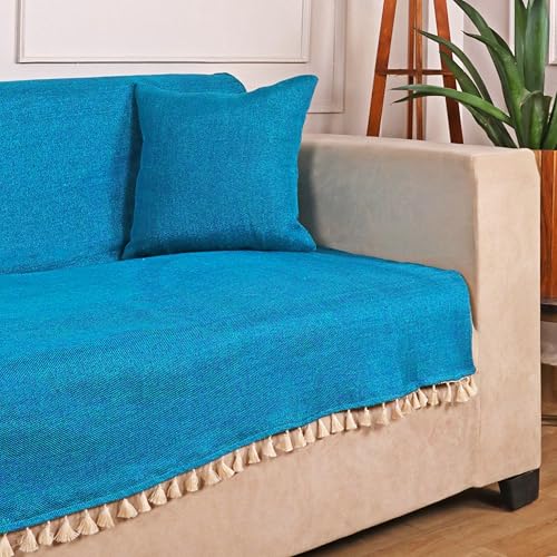 Image of STITCHNEST Jute Sofa Cover - Blue, 70x60 Inch | Soft Textured Fabric with Tassel| Full Coverage Sofa for Living Room Decor