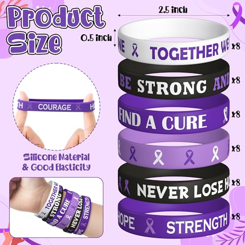 WATINC Purple Ribbon Awareness Silicone Bracelets Set, Hope Faith Stretch Wristband,Motivational Rubber Bracelet for Domestic Violence Animal Abuse Lupus Epilepsy Pancreatic Cancer Alzheimer (48Pcs)2