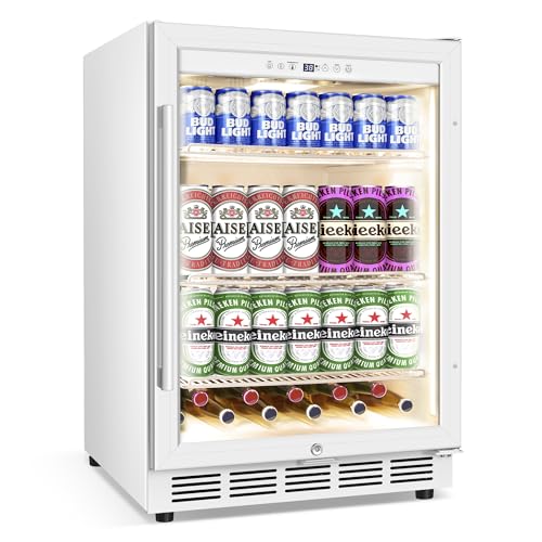 Beverage Refrigerator 24 Inch Drink Fridge, Beer Fridge, 150 Cans Beverage Cooler, Under Counter Refrigerator, Drink Cooler Undercounter Outdoor Refrigerators, Single Glass Door Bar Fridge