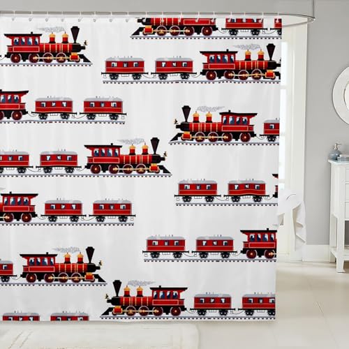 Juego de cortina de ducha de tren rojo, cortina de baño de dibujos animados, para niños, niñas, adolescentes, máquinas de vapor, automóviles, telas impermeables, decoración moderna de baño blanco con