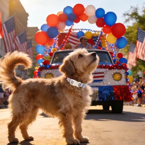 Image of Forth of July Dog Collar, 4th of July Comfortable Cotton Dog Collar, American Flag Collar for Puppy Girl Boy Dog or Cat, Patriotic Bowtie Collar with Metal Buckle, M