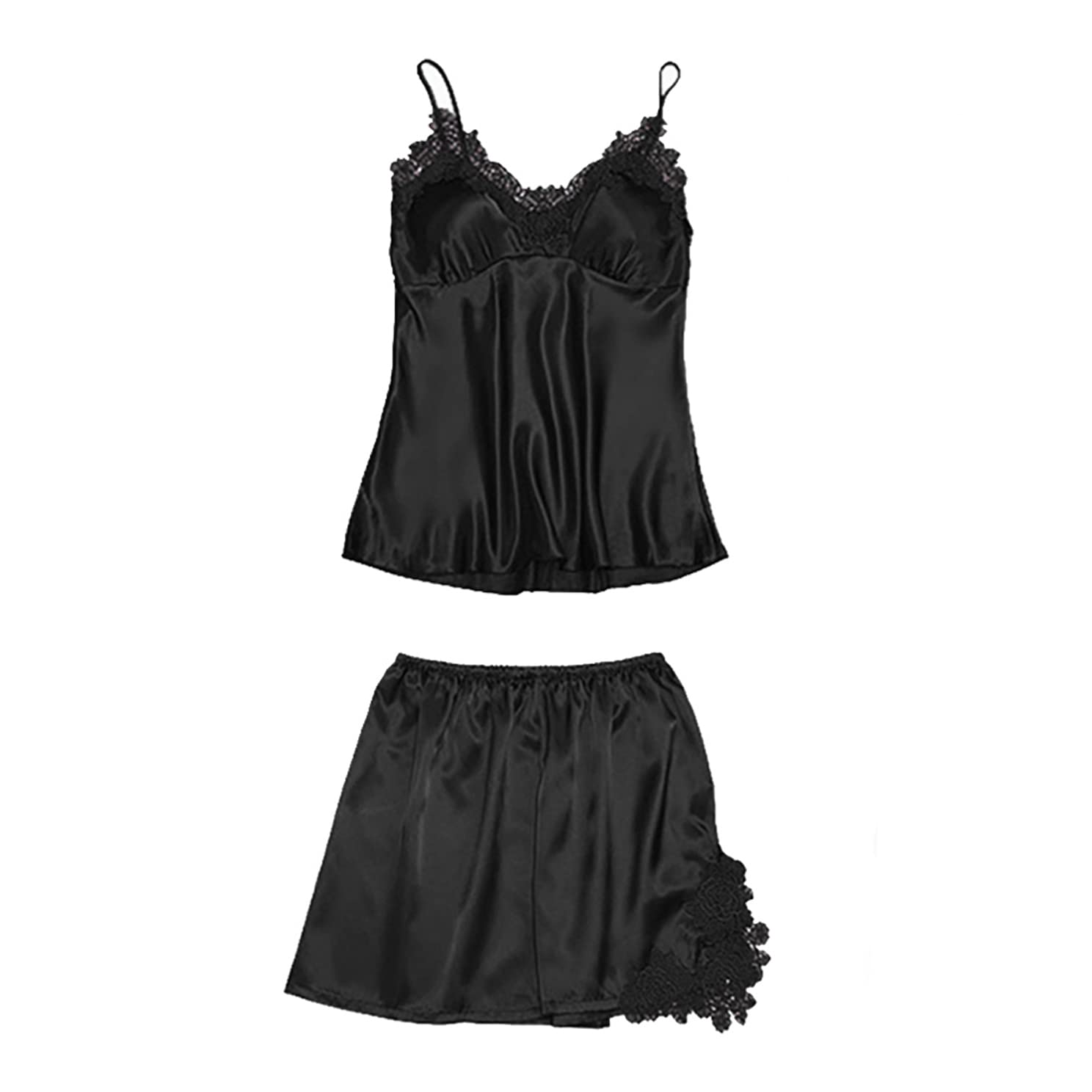 Femme 5 Pièces Satin Pyjama Set, Dentelle Kimono Robe Pyjama Set, Sexy Négligé Short et Pantalon Long Chemise de Nuit 5-pièces, avec Coussinets de Sein