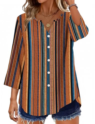 Image of OFEEFAN Button Down Shirts for Women 3 /4 Length Sleeve Tops V Neck Blouses Business Casual Outfits Loose Fit