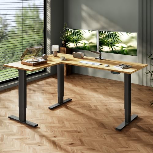 Image of FLEXISPOT 71 inch Reversible L-Shaped Bamboo Standing Desk, Triple Motor Electric Height Adjustable Corner Desk, 3-Stage Legs, 330 lb Capacity, Sit Stand Desk for Executive Home Office, Black Frame