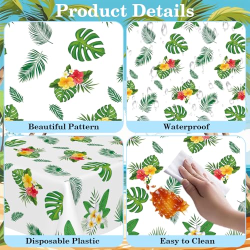 Image of Hawaiian Luau Tablecloths, Tropical Jungle Palm Tablecloth, 2 PCS 54 x 108 Inch Hawaii Leaf Disposable Plastic Rectangular Tablecover for Hawaiian Luau Birthday Summer Beach Party Decorations Supplies