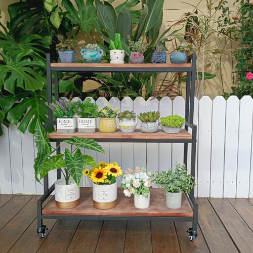 YCCO Rustic Plant Stand with Wheels 37“ H, Rolling Plant Shelves Rack Indoor Outdoor,Metal Plant Stand with Solid Wood for Multiple Plants,Industrial Ladder Plant Flower Shelf for Garden,Living Room,Brown