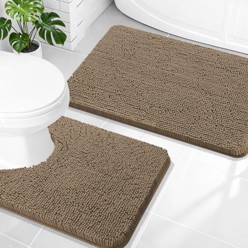 Image of OLANLY Bathroom Rugs Sets 2 Piece, Soft Absorbent Chenille Bath Mats and U-Shaped Contour Toilet Mat Area Rug Set, Machine Washable Bath Carpet, Home Decor Accessories(30 inchx20 inch+24 inchx20 inch, Tan)