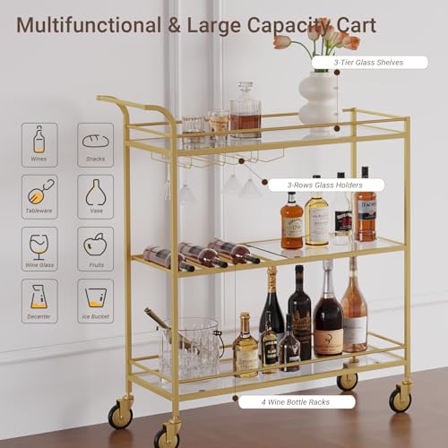 Image of Gold Bar Cart, Home Bar Serving Cart with Handle, Wine Cart with 3-Tier Glass Shelves, Beverage Cart with Wine Rack and Glass Holder, Bar Carts for The Home, Dining Room, Living Room