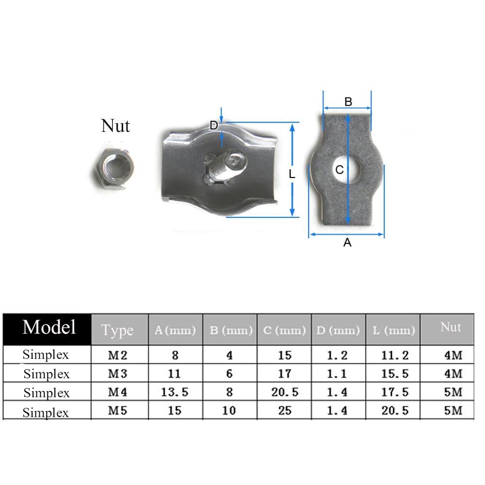 Attaches Pour CâBles MéTalliques 5 pièces M2-M5 en acier inoxydable Simplex 1/2-post boulon pince câble serre-câble étrier corde Simple poignée(Duplex-M5)