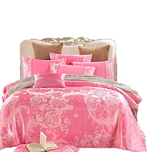 Juego de funda nórdica europea de 4 piezas, juego de cama de jacquard de algodón satinado, funda de edredón con estampado floral, sábana plana y 2 fundas de almohada, rosa, 87×94 pulgadas / 220×240 cm