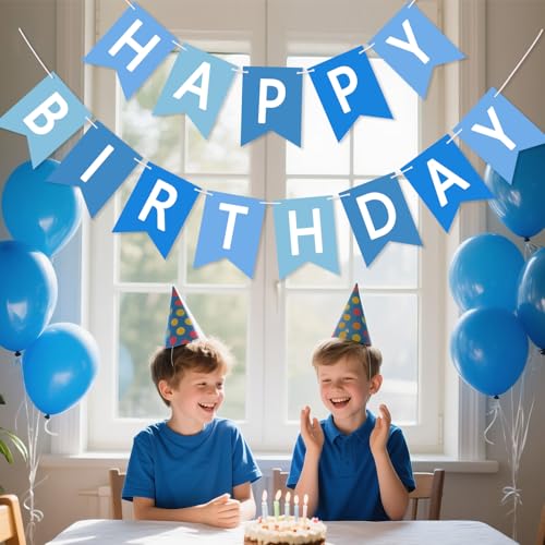 Image of Happy Birthday Banner Sign, Birthday Garland Wall Door Hanging Banners Flag for Women Men Boys Girls Party Backdrop Decorations, Personalized Name Banner White Letters Blue and Light Blue