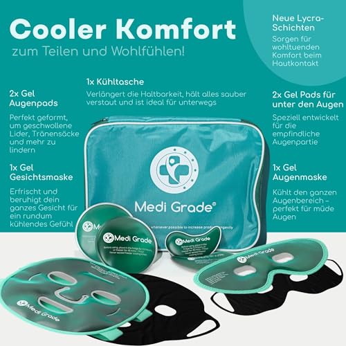 Medi Grade Kühlmaske Gesicht und Kühlende Augenpads – Augenmaske Kühlend mit Geltechnologie, Gesicht, Augen, Augenringe entfernen, Reduziert Schwellungen, Dunkle Ringe, mit Kühltasche