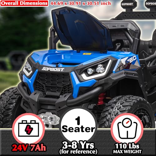 sopbost 24V Ride On Toy for Big Kids 3-8, 4WD/2WD Electric Vehicle with Remote Control, Bluetooth, Rubber Tires, 4x4 Shock Absorbers, 5MPH High Speed, Blue - Thumbnail 3