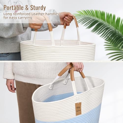 Image of Large Laundry Basket, Laundry Hamper with Leather Handles, 90L Woven Dirty Clothes Hamper, Rope Hampers for Bedroom, Barthroom, Blue