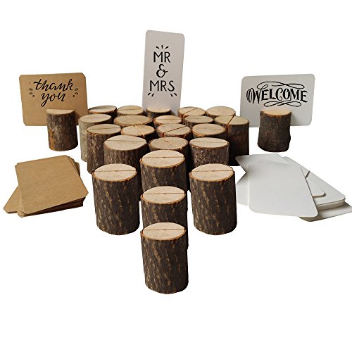 20pcs Soportes Tocón Madera Natural Portanotas para Tarjetas Sostenedor Foto Nota Nombre Número Mensaje Decoración Mesa para Boda Café Bar Restaurant+50pcs Tarjeta de Papel Kraft
