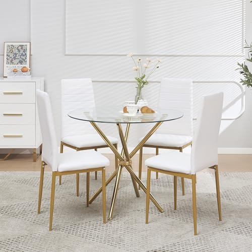 paonne Round Glass Dining Set 5 Pieces Dining Table Chair for Home Kitchen Round Tripod Golden Legs Table with 4 PU Chairs, Contemporary Dining Room Furniture Set for Small Space, Green