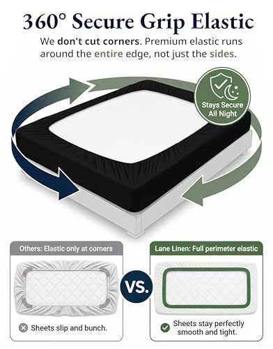 Image of LANE LINEN 100% Organic Cotton Fitted Sheet Queen (+Pillowcases) 3-Piece Set Soft & Comfy Hotel Style Percale Weave Sustainably Produced Queen Size Fitted Sheet only 15 inch Deep - Black Sheet