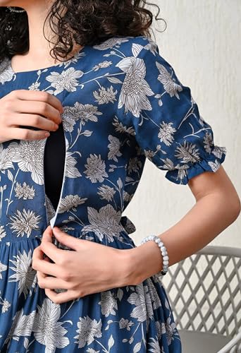 Image of Ichaa Women's Aqua Rayon Printed Maternity Dress with Feeding Zips and Pocket, in Plus Sizes