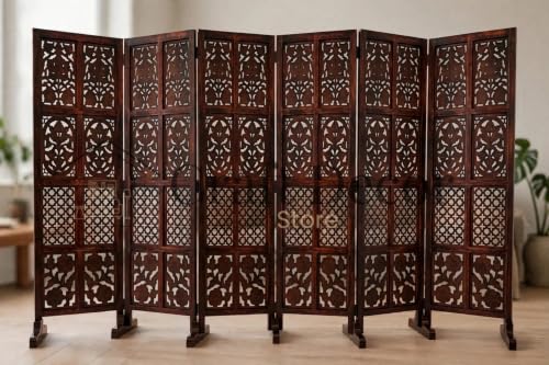 Image of Wooden Room Partition Screen Divider with Stand for Living Room and Bedroom (Brown) | Folding Sheesham Wood Room Separator Wall for Office and Salon