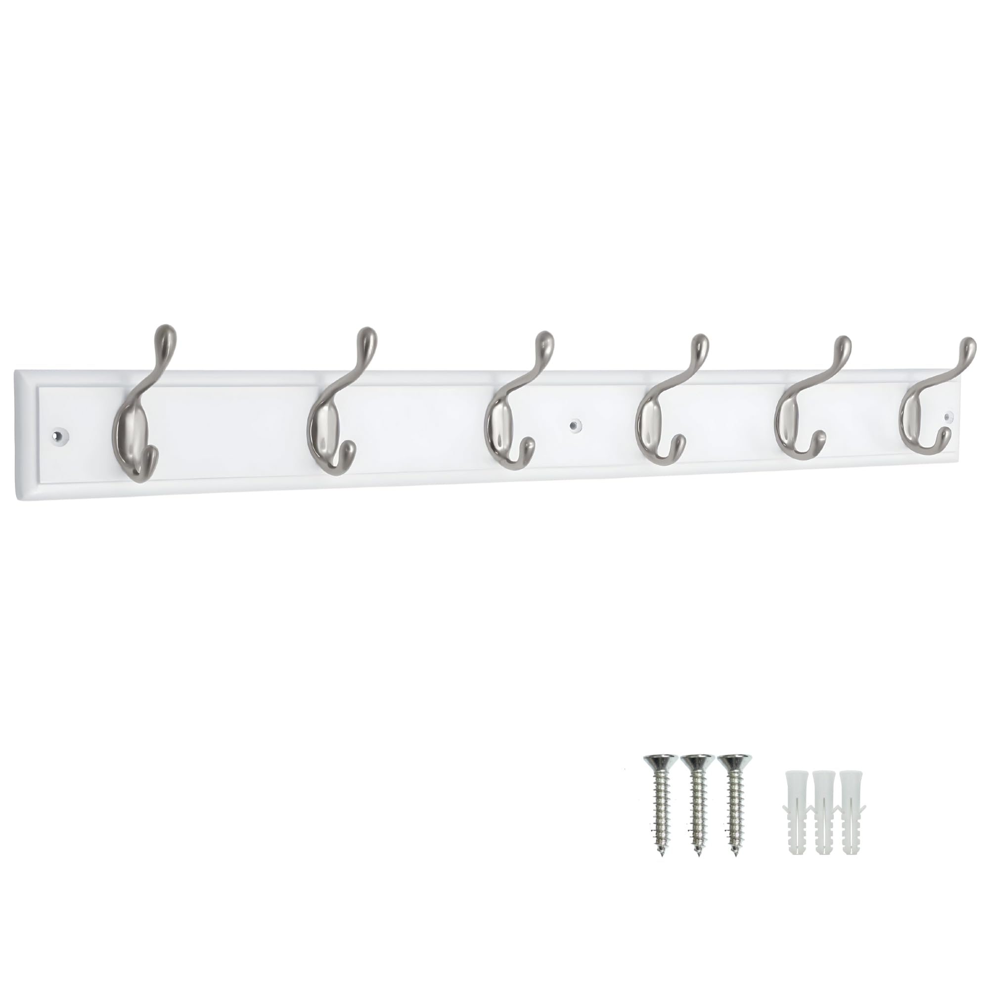 6 Hook White Wooden Wall Mounted Coat Rack with 6 Satin Nickel Hooks - Heavy Duty Wooden Board for Coats, Hats, Bags, Tools Space Saving Wall Storage Organiser, Fixings Included