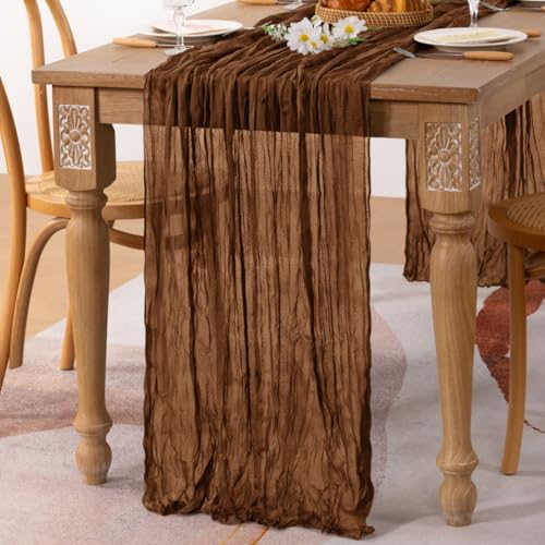 Image of MLMC 3 Pack Brown Table Runner 10ft Boho Rustic Gauze Coffee Cheesecloth Table Runner Neutral Cheese Cloth Table Decor 35x120 Inches for Wedding Bridal Shower Reception Party Decor
