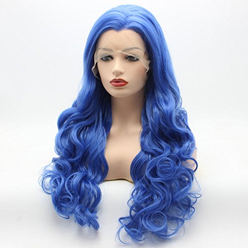 Miniatura 3 de Meiyite pelo ondulado largo 26 pulgadas azul grueso densidad pesada realista sintético Encaje frente Pelucas