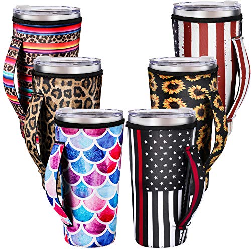 6 Pieces Reusable Coffee Sleeve Insulator Cup Sleeve Neoprene Cup Cover Holder Insulator Sleeve Drinks Sleeve Holder with Handle for 30 oz Cold and Hot Beverages 6 Styles