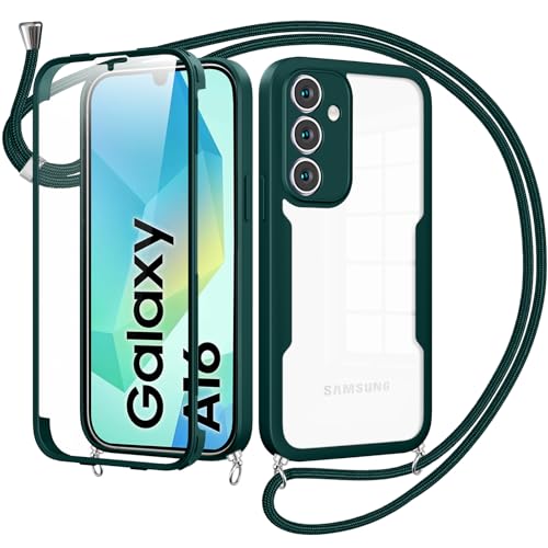 Cover per Samsung Galaxy A16 5G con Cordino360 Gradi Antiurto Trasparente Custodiacon con Protezione Schermo Integrata Bumper Rugged Custodia con Regolabile Tracolla Corda per A16 5G-Verde