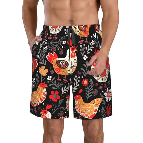 Cute Rooster Chickens Men's Swim Trunks Quick Dry Board Shorts with Pockets Casual Drawstring Beach Shorts